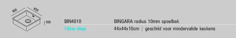 ABK Bingara matala ruostumattomasta teräksestä valmistettu inva-allas, 10 cm syvä, 40x40 cm taso-, alta- ja päälliasennus BIN4010FVI