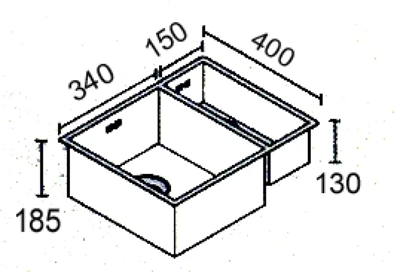 ABK Baronga puolitoista 1,5 ruostumattomasta teräksestä valmistettu pesuallas 34x40+15x40 cm taso-, alataso- ja päällirakennus BAR3415FVI