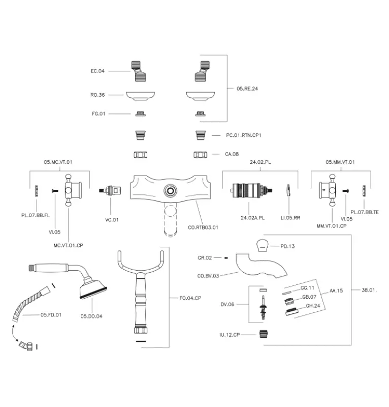 Huber Victorian Thermostatic Bath Mixer with Shower Set Stainless Steel VTT330102A