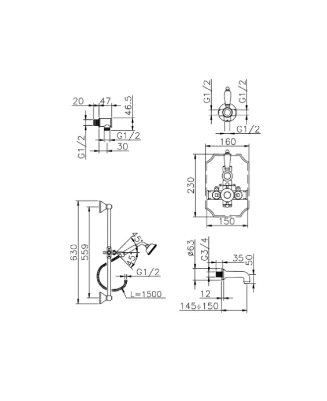 Huber Victorian Thermostatic Built-in Bath-Shower Set Chrome 914.VT01H.CR