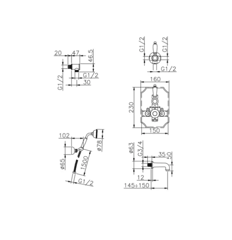 Huber Victorian Thermostatic Built-in Bath-Shower Set Gold 915.VT01H.AG
