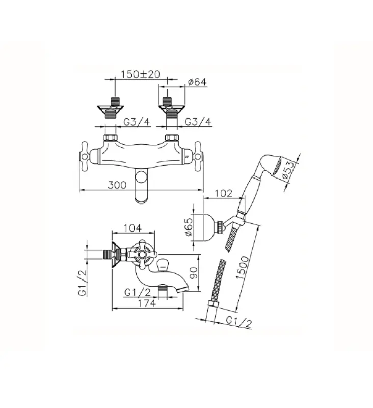 Huber Croisette kylpytermostaattihana käsisuihkusetillä Kulta CSD270102G
