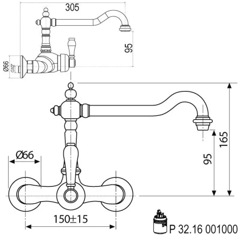 Nostalginen keittiöhana Hermitage R seinäsekoitin Kromi 10.9021