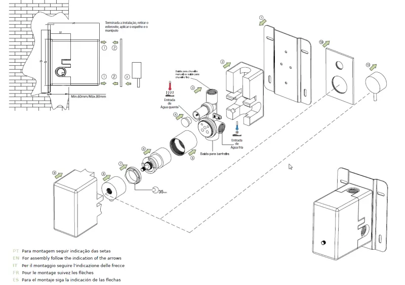 Waterevolution Flow Consealed thermostatic bathub/shower mixer with easy box and 2 exits diverter, built-in + external parts White T132TBBR