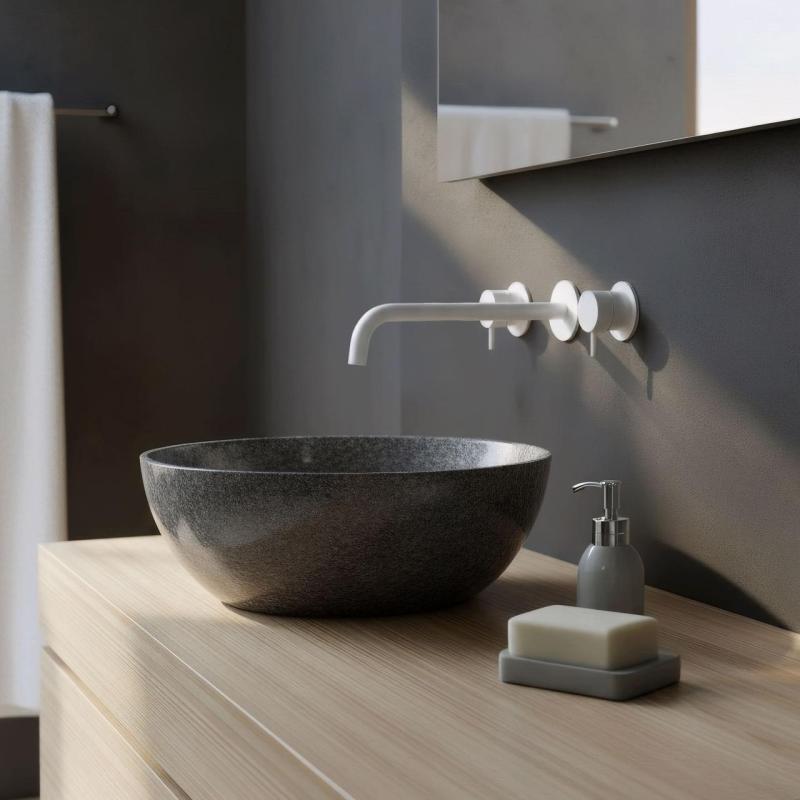 Waterevolution Flow 3-reikäinen upotettava pesuallashana, mattavalkoinen, ulostulo 25 cm T1163FBR-25