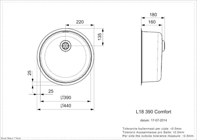 Reginox R26076 ronde roestvrijstalen spoelbak L18390 comfort Vlakbouw opbouw en onderbouw T2903LLU06GDS