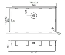 Caressi R10 ruostumaton teräs pesuallas 74x40cm alakiinnitys, tasokiinnitys ja päällikiinnitys CAPP74R10