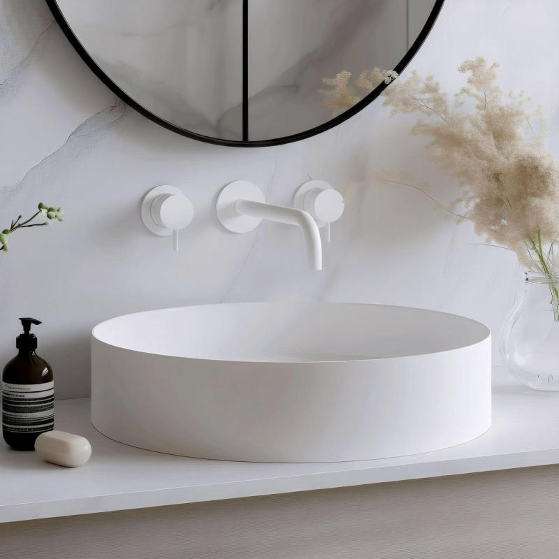 Waterevolution Flow 3-reikäinen upotettava pesuallashana, mattavalkoinen, ulostulo 15 cm T1163FBR-15