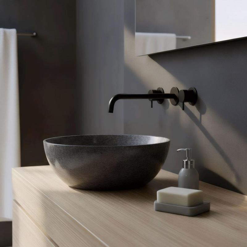 Waterevolution Flow 3-reikäinen upotettava pesuallashana, mattamusta, ulostulo 25 cm T1163FPR-25