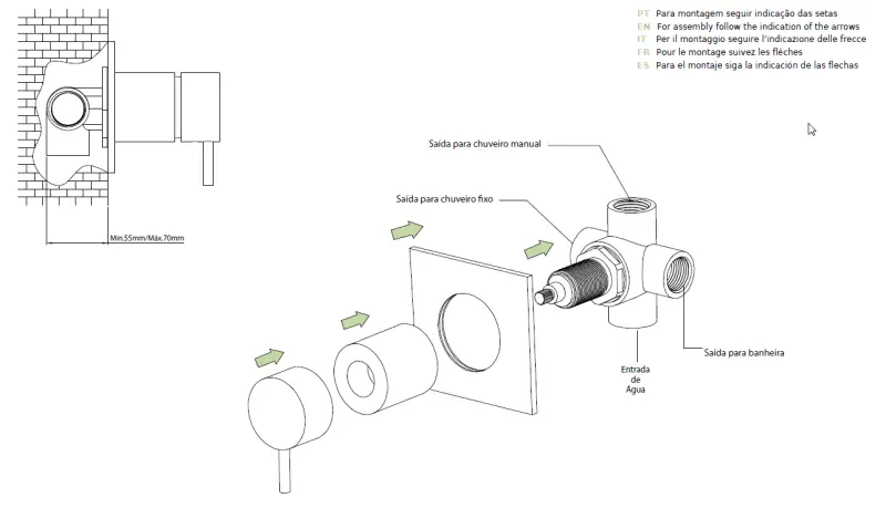 Waterevolution Flow upotettu 3-tie vaihtaja pyöreä rosetti mattamusta T1483SPR