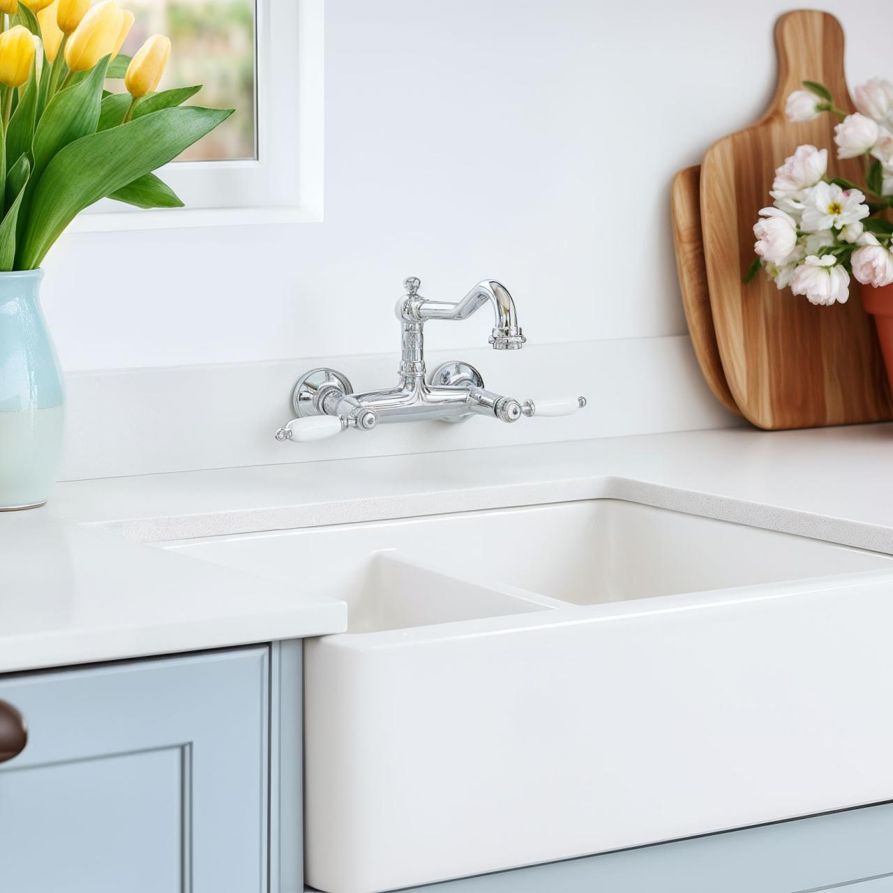 PB classic mounted wall faucet with White handles Chrome 1208854172 - Productafbeelding 2