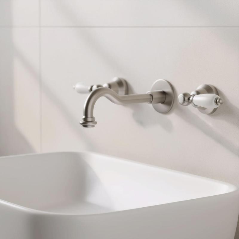 PB klassieke inbouw muurkraan met witte hendels 25 cm uitloop RVS 1208854402