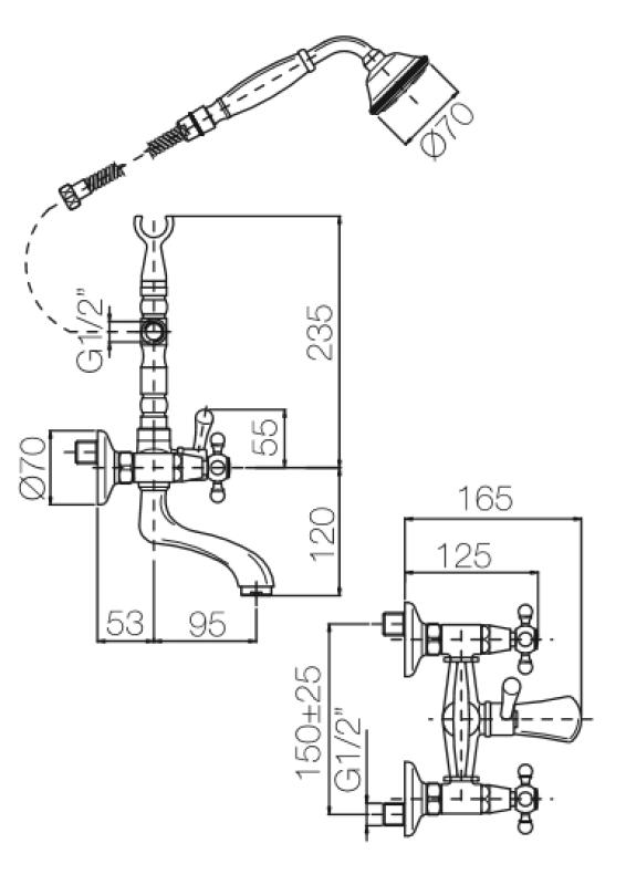 PB klassinen hanan pinta-asennettava kylpyhuonehanasarja, vahvat nupit, kromi, käsisuihku mukana 1208855152