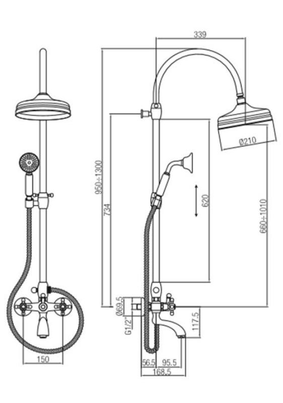 PB-klassinen kylpyamme-suihkusetti, päälle asennettava sadesuihkulla, teräsnapeilla, RST 1208855882