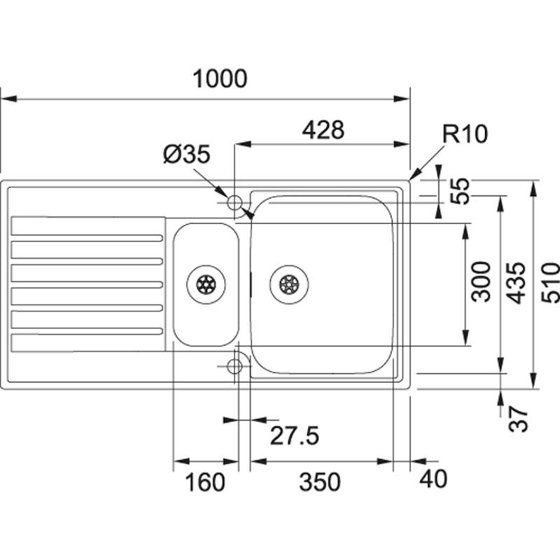 Franke Argos AGX 251 1,5 puolitoista ruostumattomasta teräksestä valmistettu pesuallas valutusalueella, tasoaltaina 1000x510 127.0380.391