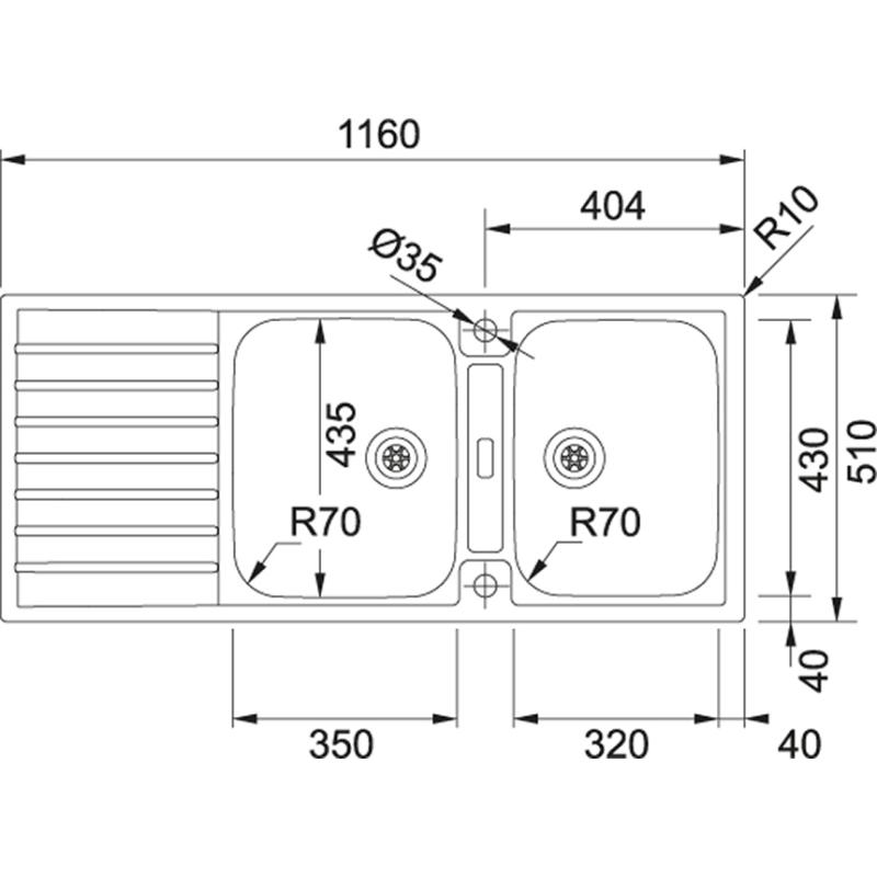 Franke Argos AGX 221 kaksinkertainen ruostumattomasta teräksestä valmistettu pesuallas, jossa on valutustaso tasoon asennettava 116x51 cm 127.0635.632