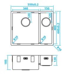 Caressi 1,5 ruostumattomasta teräksestä pesuallas CA3415R10 B34+B15xL40xS18.5cm alakiinnitys, päällikiinnitys tai tasokiinnitys 1208921375