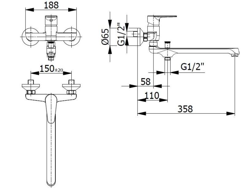 Blusani speciale wandkraan muurkraan chroom met lange uitloop 35 cm en handdouche 1208952919