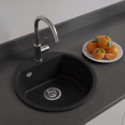 GraniteMy Bremen pyöreä graniittiallas 43 cm musta pinta-asennus ja upotus hanareikätasolla ruostumattomasta teräksestä valmistetulla tulpalla 1208953206