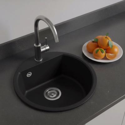 GraniteMy Bremen pyöreä graniittiallas 43 cm musta pinta-asennus ja upotus hanareikätasolla ruostumattomasta teräksestä valmistetulla tulpalla 1208953206