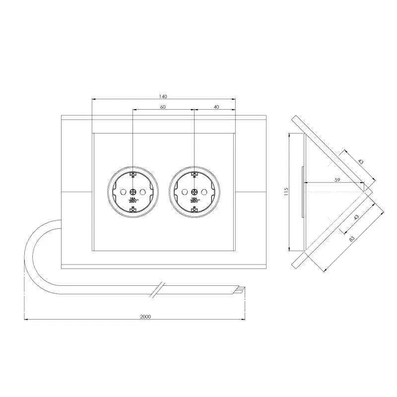 Power socket with 2 earthed outlets black 1208953212
