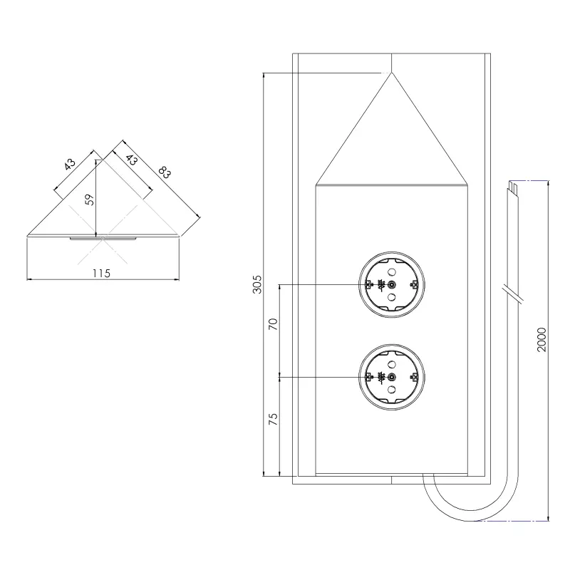 Power socket with 2 earthed outlets corner stainless steel 1208953220