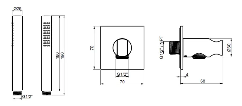 SB 316 Vierkant handdoucheset met slang en ophanghaak RVS