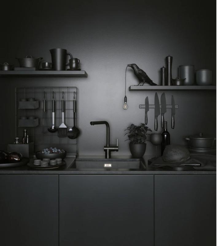 Franke harjattu musta sensorikeittiöhana Atlas Neo kääntyvällä juoksuputkella 115.0625.525