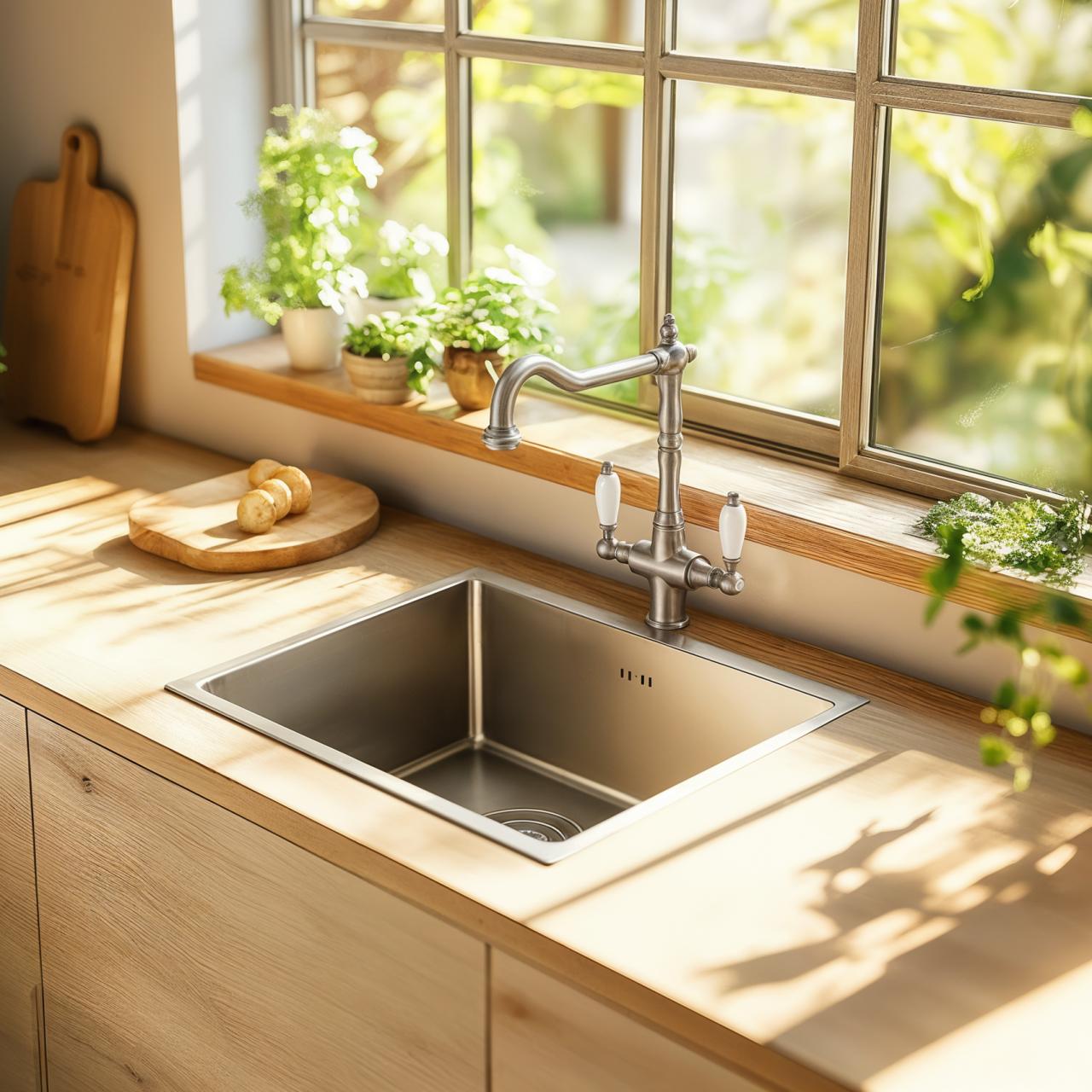 PB Nostalgic classic country kitchen tap stainless steel with white handles 1208953915 - Productafbeelding 2