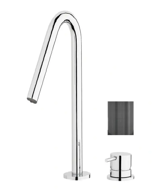 Waterevolution Flow 2-reikäinen pesuallashana PVD Gun Metal, korkea V 120 mm ulostulo T1122VGME