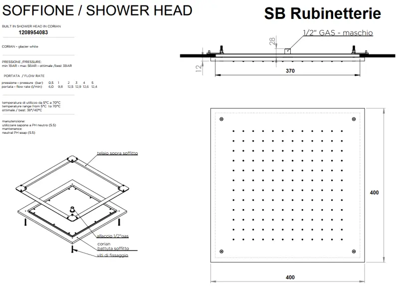 SB Rubinetterie matte white Corian solid surface built-in square rain shower ceiling showerhead 40cm 1208954083