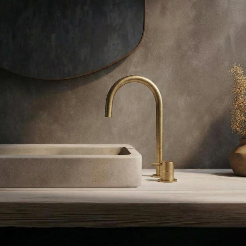 Waterevolution Flow 2-hole sink faucet brushed brass with high U-Shaped 213mm spout T1122ULE