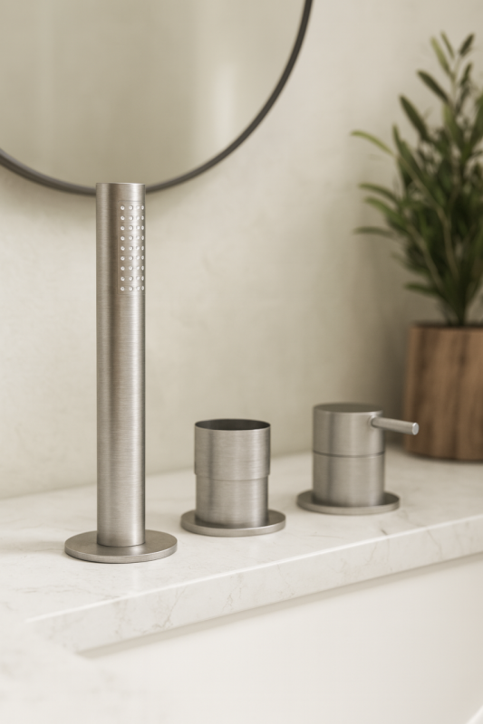 Waterevolution Flow 3-reikäinen ammehana ammeen reunaan asennettavaksi ruostumaton teräs T138SBIE