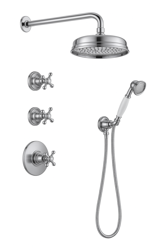 PB nostalgic built-in shower set with thermostatic tap and 2 stop taps - hand shower - rain shower 200mm - chrome