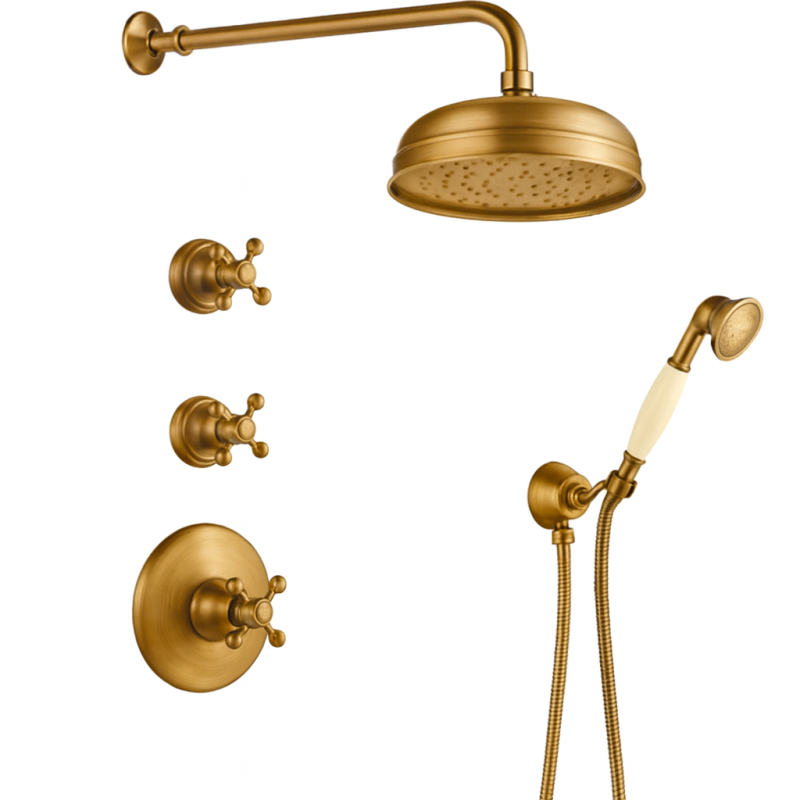 PB Nostalgic built-in shower set with thermostatic mixer and 2 Stop valve - hand shower - rain shower 200mm - Bronze