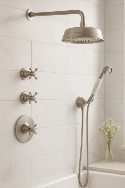 PB nostalgic built-in shower set with thermostatic tap and 2 stop taps - hand shower - rain shower 200mm - stainless steel