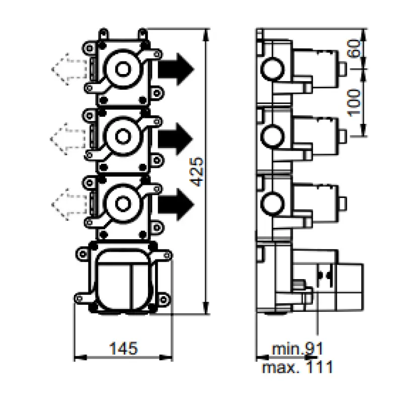 SB 316 AESTHETICS Ronde Inbouw thermostaatkraan met 3 uitgangen/ 3x stopkraan PVD gun metal harjattu 1208954967
