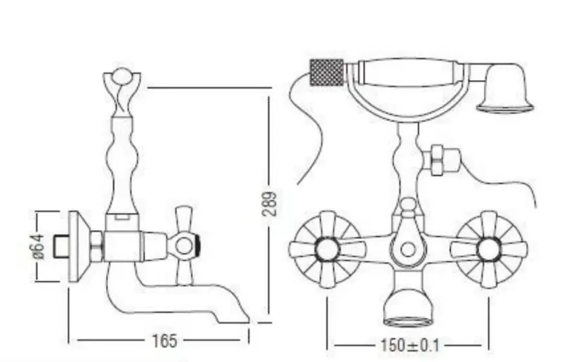 Aquadesign Marseille klassinen seinäasennettava kylpyammehana, jossa on voimakkaat nupit, pronssi, käsisuihku mukana