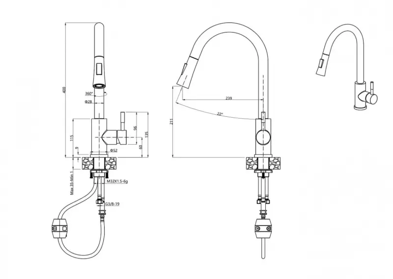 Quadri Leeds keittiöhana, jossa on kaksi suihkuasetusta ja ulosvedettävä suihku, mattavalkoinen 1208955908