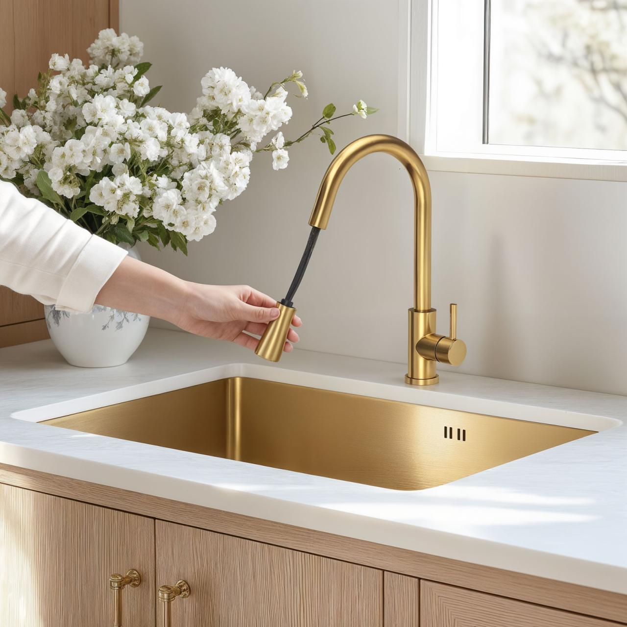 Quadri Leeds kitchen mixer tap with pull-out shower with 2 settings PVD brushed gold 1208955910 - Productafbeelding 2