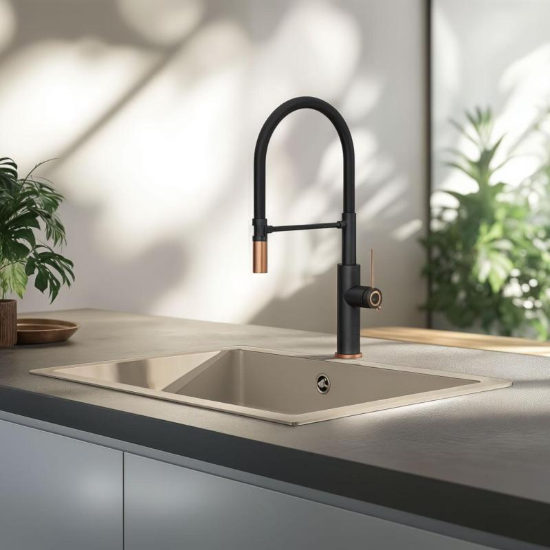 Quadri Retford Kitchen Faucet Black with Copper Finish and Flexible Black Spout 1208956091