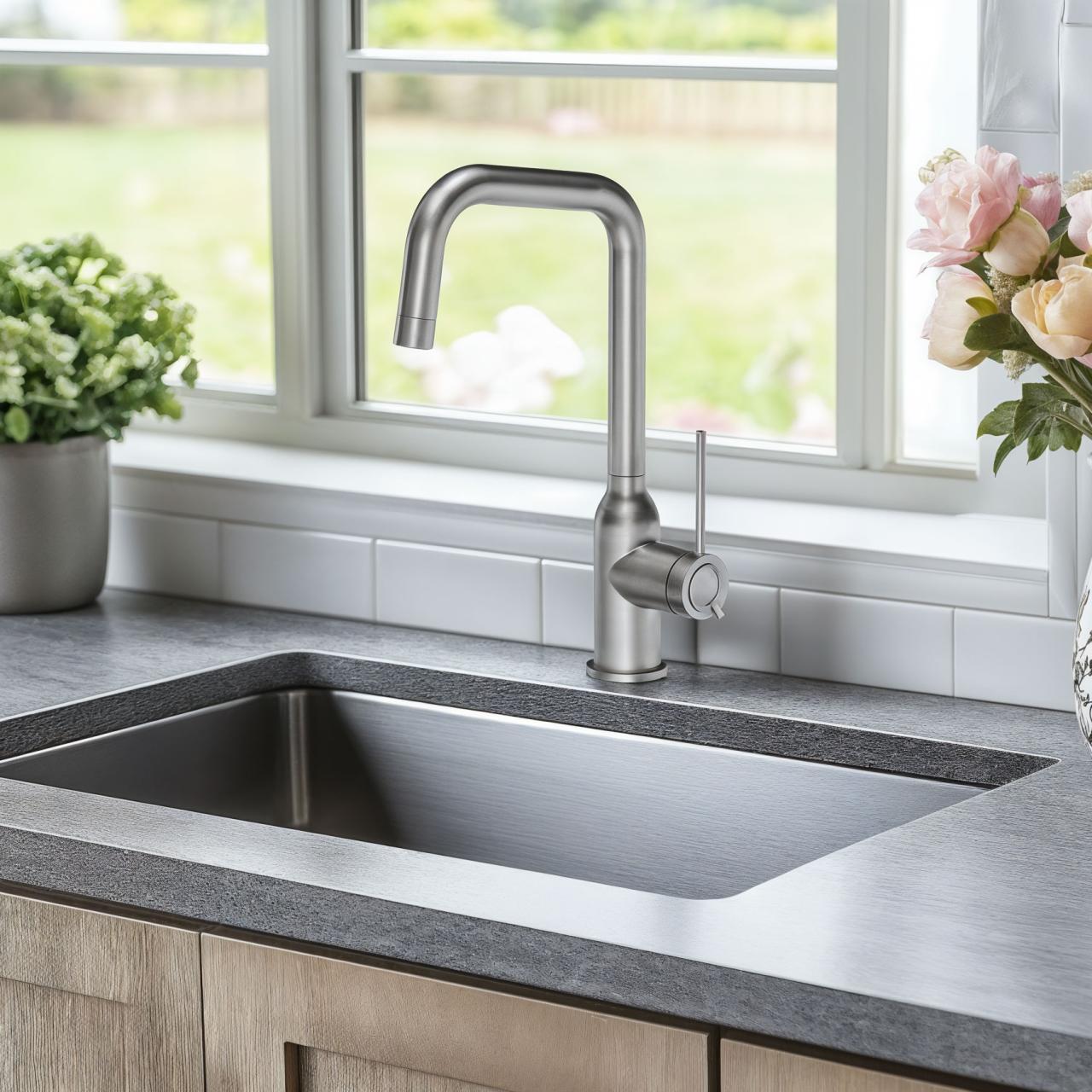 Quadri Stamford kitchen mixer stainless steel with swiveling angled spout 1208956097 - Productafbeelding 2