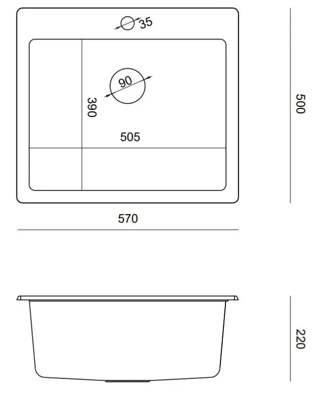 Quadri Sheffield black granite flush-mounted sink 57x50cm with tap hole bench and gold plug 1208956116