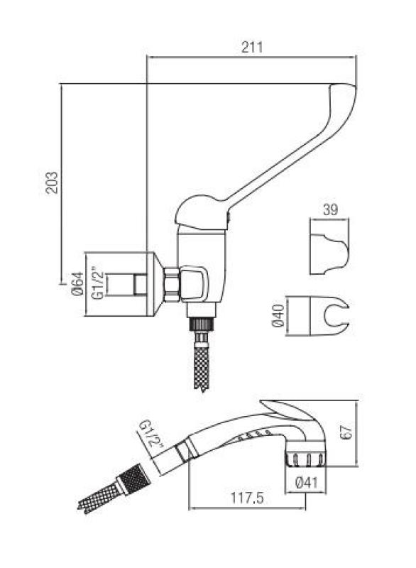 PB Clinic invalidisuihkuhana, jossa on pitkä kahva, kromi ja puristussuihkukahva 1208956283