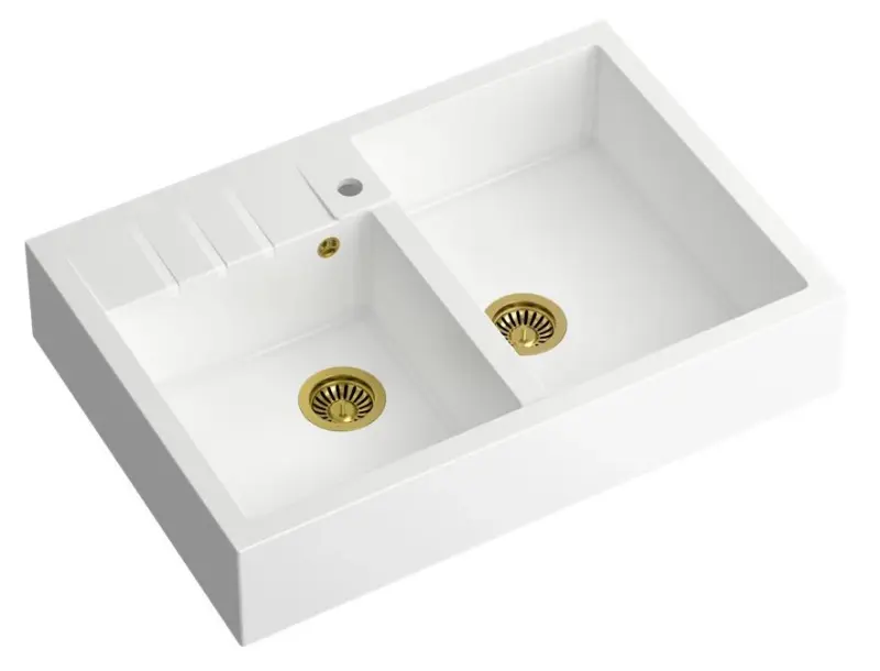 Quadri Minister Double Sink sink white country model 90x62cm with gold plug and overflow 1208956328