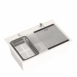 Quadri valkoinen kova graniitti pintaan asennettava iso pesuallas 76x50cm sisältää lisävarusteen 1208956409