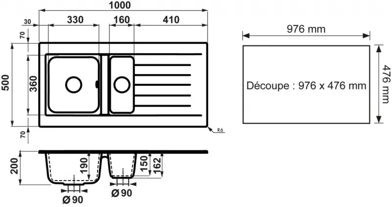 Ausmann Fibre 1,5 valkoinen muovinen käännettävä pesuallas kuivatusalueella, pinta-asennettava, 100x50 cm 1208956786