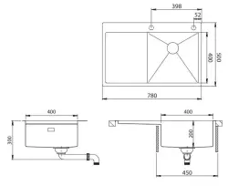 Ausmann Turt gun metal allas, jossa valutustaso vasemmalla, 780x500mm, pinta-asennus ja taso-asennus 1208956956