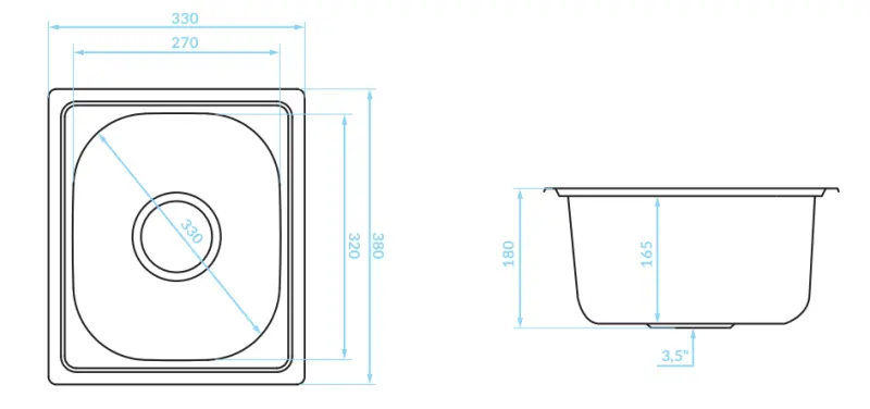 Ausmann Basic kleine roestvrijstalen opbouw spoelbak 33x38 cm inclusief sifon 1208956972