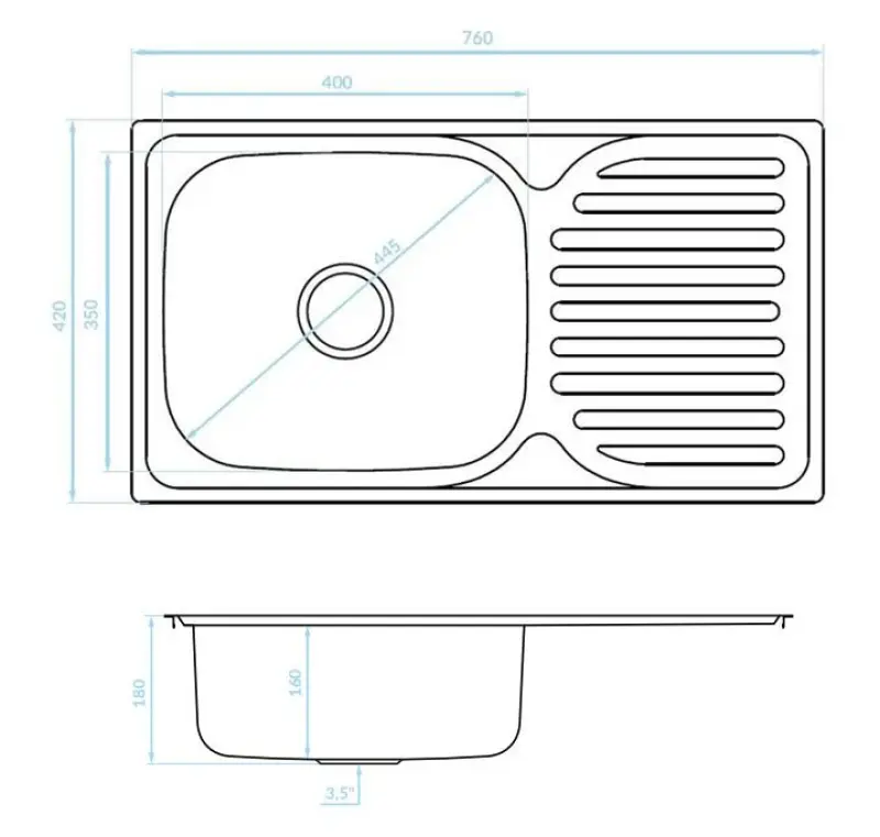 Ausmann Basic roestvrijstalen (rvs) opbouw spoelbak met afdruip, omkeerbaar, 76x42 cm, inclusief sifon 1208956978